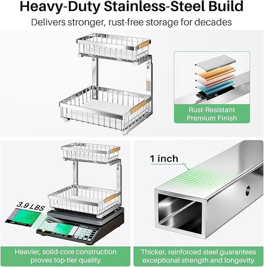 Under Sink Organizer, Stainless Steel 1-Pack 2 Tier Under Sink Organizers and Storage, Slide out Pull out Cabinet Shelf, Sliding Drawer for Kitchen Bathroom Pantry Cabinet Closet Organization Rack
