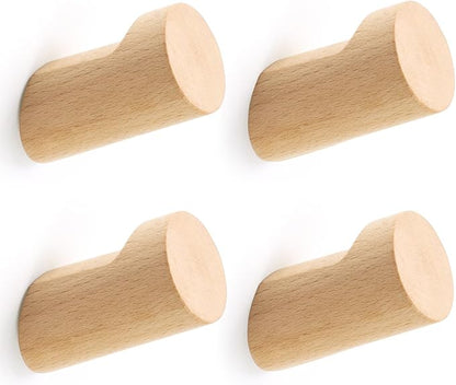 Wood Wall Hooks for Hanging, 4 Pack Hat Hook for Walls, Coat Hook Wall Mount, Backpack Hooks for Walls, Bathroom Towel Hanger (Natural)