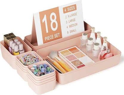 Homhut Plastic Drawer Organizers, 18 PCS Bathroom Drawer Organizer Bins, Desk and Vanity Organizer Plastic Tray, Makeup organizer and storage for Bedroom, Kitchen Gadgets Utensils and Office (Pink)