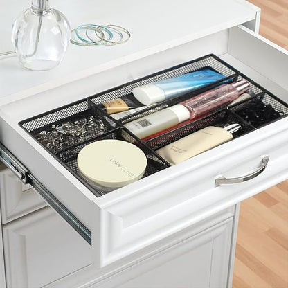 Desk Drawer Organizer Tray, Metal Mesh Drawer Office Drawer Organizer w/6 Compartment, Small Desk Organizer Tray for Home Office School Supplies, Desktop, 11X 6 X 1.45in, Black