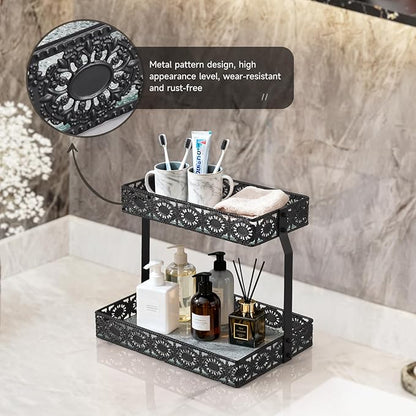 xiaojuande-Two Layer Glass Storage Tray with Portable Dressing Table Skin Care Product Organization Rack Corner Storage Rack for Bathroom Counter High-end Light Luxury Display Plate - Gold (Black)