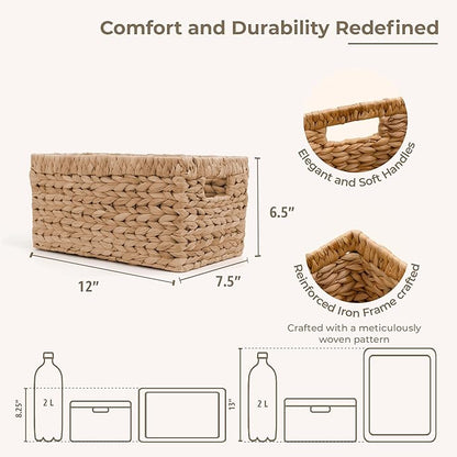 KOKODO Wicker Storage Basket, Set of 2 Handwoven Woven Baskets for Storage, Rectangular Water Hyacinth Baskets with Handles for Shelves, Closet & Home Organizing
