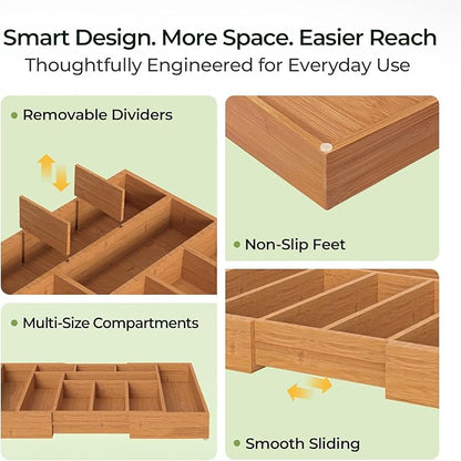 Carbonized Bamboo Kitchen Drawer Organizer, 10 Slots Expandable Silverware Organizer, Utensil Holder & Cutlery Tray, 2.2" Deep for Extra Capacity, Non-Slip Feet Included