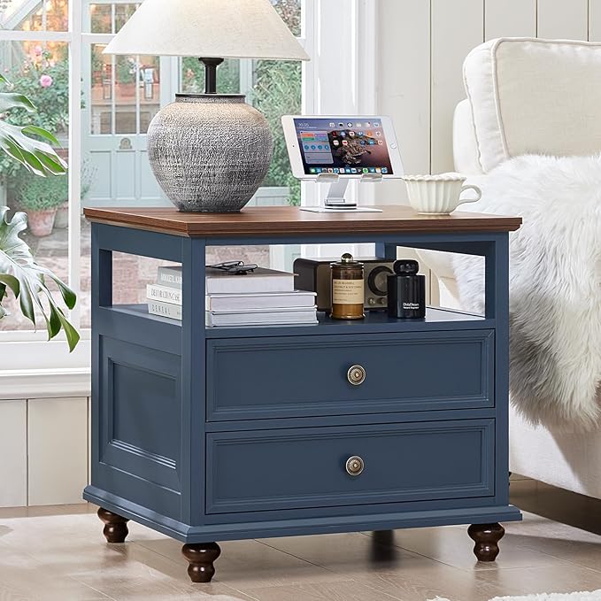 Joaxswe 24" Wide Farmhouse Night Stand,Large End Table with 2 Drawers & Metal Handle,Wood Dresser for Bedroom, Blue Bed Side Table Chest of Drawers Cabinet,Nightstand for Living Room,Closet