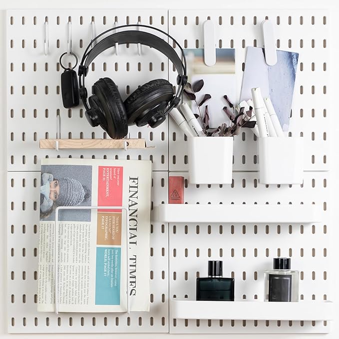 Pegboard Combination Kit, Wall Mounted Storage Set with 4 Pegboards & 14 Accessories Hanging, White Peg Boards Organizer for Walls Display, Crafts Organization, Kitchen Organizer, 22" x 22"