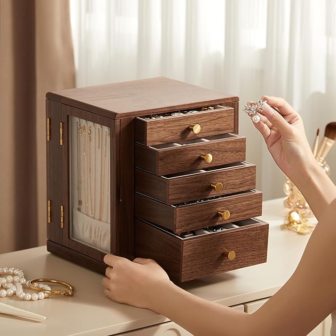 Homruilink Black Walnut Wooden Jewelry Box - 360° Rotating Jewelry Organizer for Women with 5 Drawers for Rings,Necklaces,Earrings and Bracelets -Large Storage Case - Valentines Day Gifts for Her
