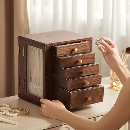 Homruilink Black Walnut Wooden Jewelry Box - 360° Rotating Jewelry Organizer for Women with 5 Drawers for Rings,Necklaces,Earrings and Bracelets -Large Storage Case - Valentines Day Gifts for Her