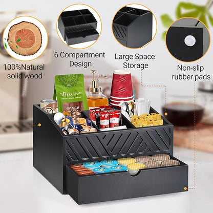 Farmhouse Coffee Bar Organizer - Wooden Countertop Station With Drawer, Pods Holder & Storage Basket