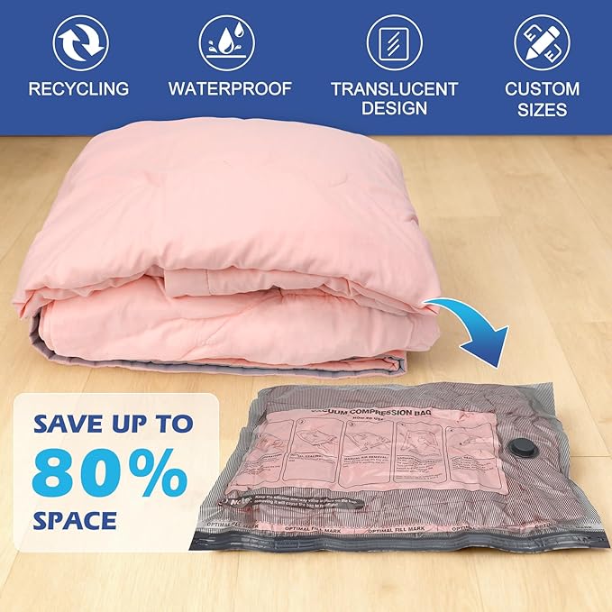 Fantictas Travel Vacuum Storage Bags with Rechargeable Air Pump, 12 Pack Portable Space Saver Bags, Compression Bags for Clothing, Bedding, Seasonal Storage & Packing Bags for Moving