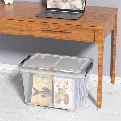 Sadstory 30 Quart Clear Latching Bin with Lid, Plastic Storage Tote Box with Wheels, 4 Packs
