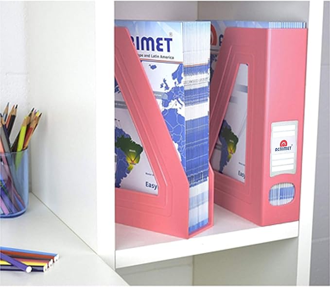 Acrimet Magazine File Holder – Vertical Rack for Documents, Folders and Mail, Durable Plastic Desk Organizer for Office & Home, Solid Pink (2 Pack)