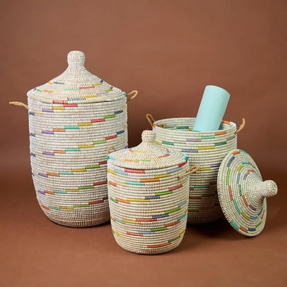 Colorful White Basket for Decor, Organizing, Storage - Living Room Blankets, Nursery Toys, Laundry, Towels, Pillows, Comforter, Cushions - Wicker, Woven, Round, Lid, Handles, Set, 3pcs