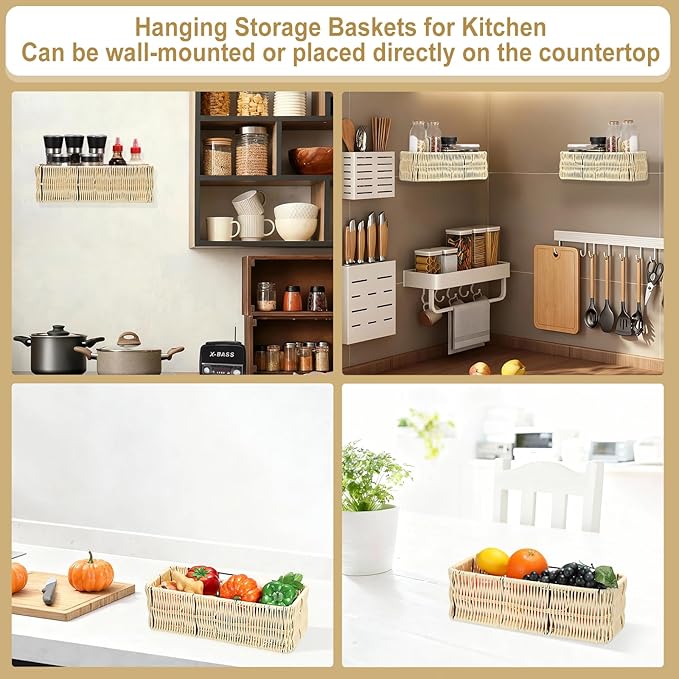 OwnMy Plastic Wicker Hanging Basket for Kitchen, Set of 2 Wall Storage Baskets Hanging Fruit Vegetable Basket for Kitchen Cabinet Pantry Organizing, Bathroom Toilet Paper Storage Baskets Organizers
