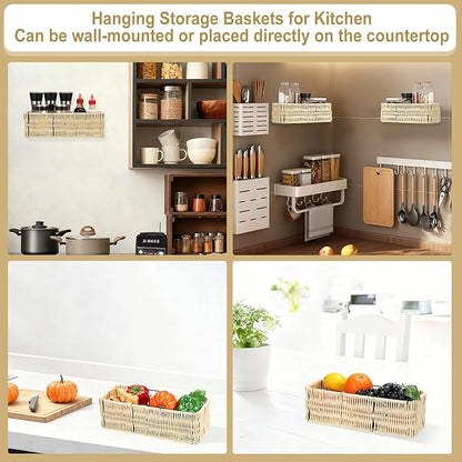 OwnMy Plastic Wicker Hanging Basket for Kitchen, Set of 2 Wall Storage Baskets Hanging Fruit Vegetable Basket for Kitchen Cabinet Pantry Organizing, Bathroom Toilet Paper Storage Baskets Organizers