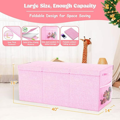 Extra Large Toy Box Toddlers Chest with Lids, Collapsible Sturdy Toy Storage Organizer, Kids Bin Boxes Storage Basket for Boys, Girls, Nursery, Living Room, Playroom, 40"x14"x16" (Pink)
