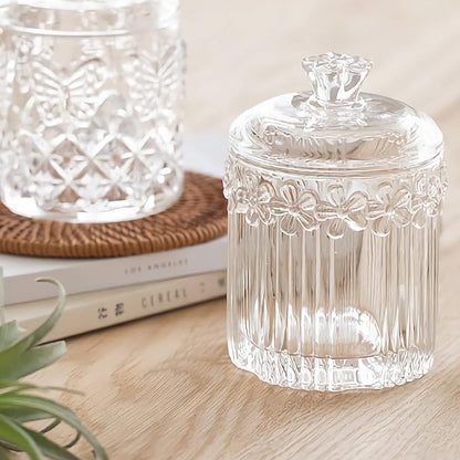 rejomiik 2 Pack Qtip Holder Glass Apothecary Jars with Lids Bathroom Accessories Vanity Organizers and Makeup Storage Canister for Cotton Swabs, Balls, Pads, Floss Picks, Candy, Clear