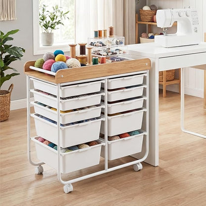 GOFLAME 10-Drawer Rolling Storage Cart, Craft Storage Cart with Wooden Tabletop, Lockable Wheels and Handles, Art Cart Supply Storage Organizer with Metal Frame for Home Office Classroom, White