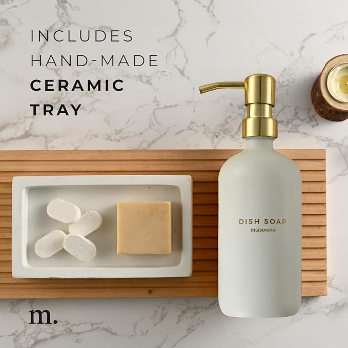 MaisoNovo Soap Dispenser 3-Piece Set | 16.9oz White Bottles Gold Plastic Pumps with Ceramic Tray