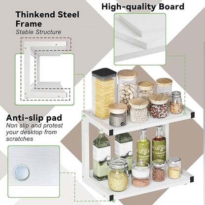 MARTY 2 Tier 12.6"x7.7" Counter Shelf Organizer Kitchen Spice Rack for Countertop, Coffee Station Organizer for Mugs Cups, Wood Shelf Desk Storage Organizer for Bathroom Home Office (White)