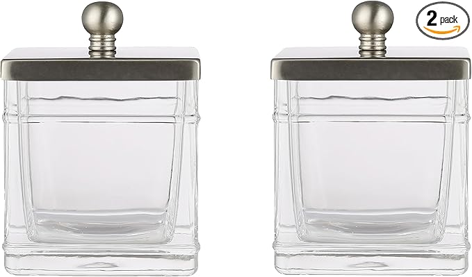 Indecor Home Glass Cotton Jar Holder 2 Pack– Satin Nickel Lid, Elegant Bathroom Storage Canister for Qtips, Cotton Balls, Floss, Makeup Organizer, Vanity & Bathroom Organization