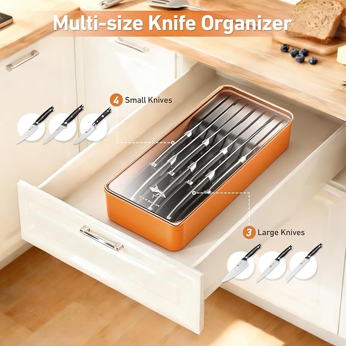 MAD SHARK 2-in-1 Detachable Knife Block & Silverware Organizer, Drawer Knife Holder for 7 Knives, BPA-Free, Blade-Safe Slots, Save Counter Space, Kitchen Drawer or Counter Storage, No Knives