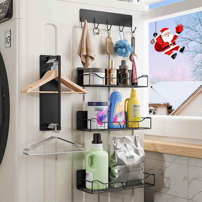 5 Pack Magnetic Shelves for Washing Machine & Refrigerator, Heavy-Duty Metal Magnetic Laundry Organizer with Hooks, Space-Saving Storage Baskets for Laundry Room, Kitchen & Closet (Black)