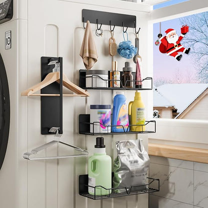 5 Pack Magnetic Shelves for Washing Machine & Refrigerator, Heavy-Duty Metal Magnetic Laundry Organizer with Hooks, Space-Saving Storage Baskets for Laundry Room, Kitchen & Closet (Black)