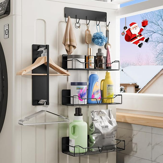 5 Pack Magnetic Shelves for Washing Machine & Refrigerator, Heavy-Duty Metal Magnetic Laundry Organizer with Hooks, Space-Saving Storage Baskets for Laundry Room, Kitchen & Closet (Black)