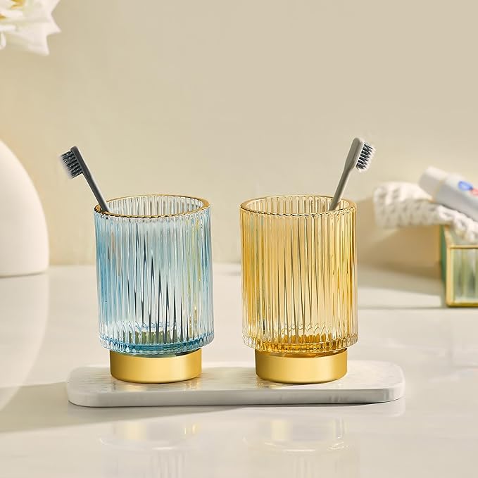 LEICURACE Makeup Brush Holder Organizer,Toothbrush Holders,Desk Pen Pencil Holder,Multifunctional Vintage Glass Brush Cup（S+L/Blue/A3-3-US）