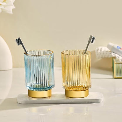 LEICURACE Makeup Brush Holder Organizer,Toothbrush Holders,Desk Pen Pencil Holder,Multifunctional Vintage Glass Brush Cup（S+L/Blue/A3-3-US）