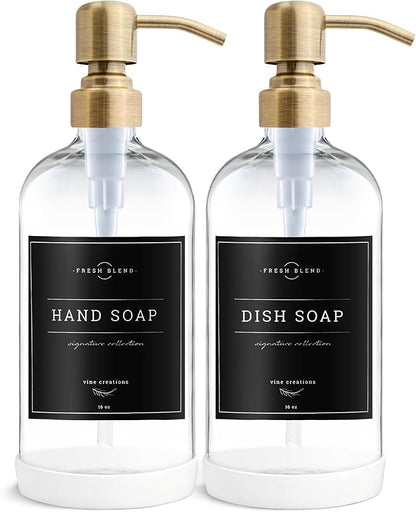 Vine Creations Clear Glass Soap Dispenser, 2 Pack Kitchen Soap Dispenser Set with Stainless Steel Pump, 16 oz Dish Soap and Hand Soap Dispensers for Bathroom with Waterproof Labels