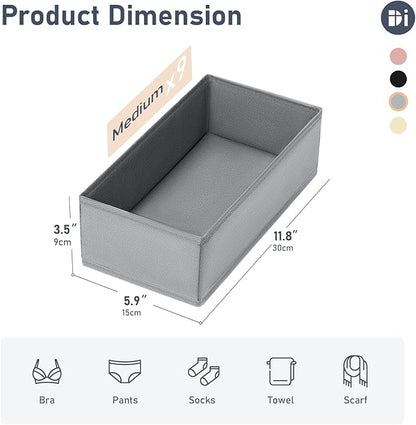 DIMJ Drawer Organizer Clothes - Underwear Organizer Small Sock Organizer Closet Organizers and Storage Box Dresser Drawer Dividers for Baby Clothes,Bra,Socks, Belt, Tie, Set of 9,Grey