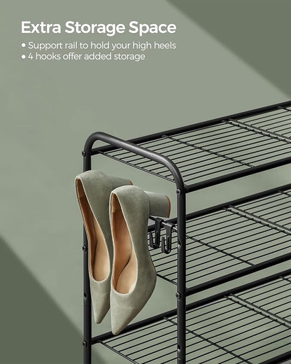 SONGMICS Shoe Rack, 2-Tier Shoe Organizer, Metal Shoe Shelf Storage with 4 Side Hooks, Holds 10 Pairs of Shoes, Height-Adjustable Shoe Rack for Entryway, Hallway, Closet, Ink Black ULMR128B01