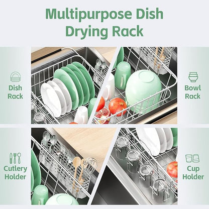 Small Dish Drying Rack in Sink, Extendable Stainless Steel Dish Drainers for Kitchen Counter, Anti-Rust Dish Dryer Rack with Utensil & Cup Holders, for Inside Sink, Over The Sink(for 1-2 People)