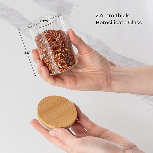 Empty Spice Jars with Label Pack (12x Bamboo Lid Glass Jar). Small 6oz Spice Storage Bottles with 112 Printed Stickers and 48 Writable Pantry Labels for Seasoning Containers