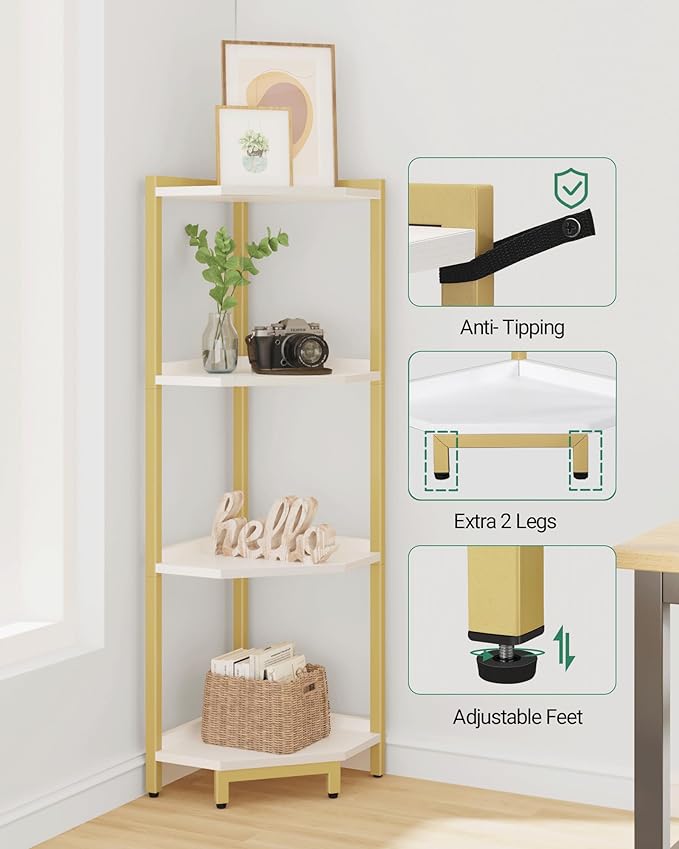 Corner Shelf Stand, Corner Bookshelf, Storage Standing Shelf Unit with Metal Frame, Plant Stand, Corner Bookcase for Living Room, Home Office, Bedroom, 4-Tier White Gold CS05803A