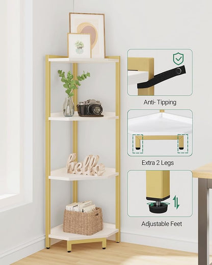 Corner Shelf Stand, Corner Bookshelf, Storage Standing Shelf Unit with Metal Frame, Plant Stand, Corner Bookcase for Living Room, Home Office, Bedroom, 4-Tier White Gold CS05803A