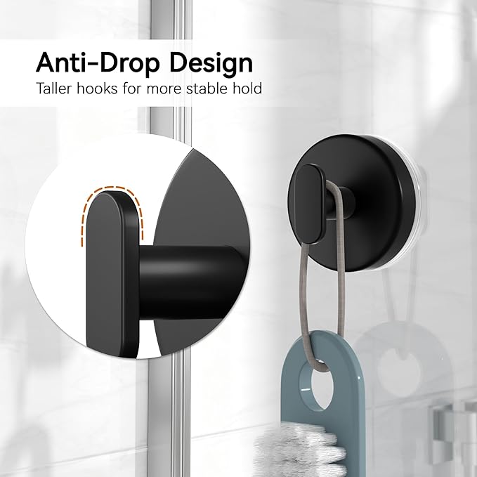 Josmimic Suction Cup Hooks for Shower, Removable Towel Hooks for Bathroom, Kitchen, Glass Door, Mirror, Tile – Loofah, Towel, Coat, Bath Robe Hook for Hanging, Black 4 Pack