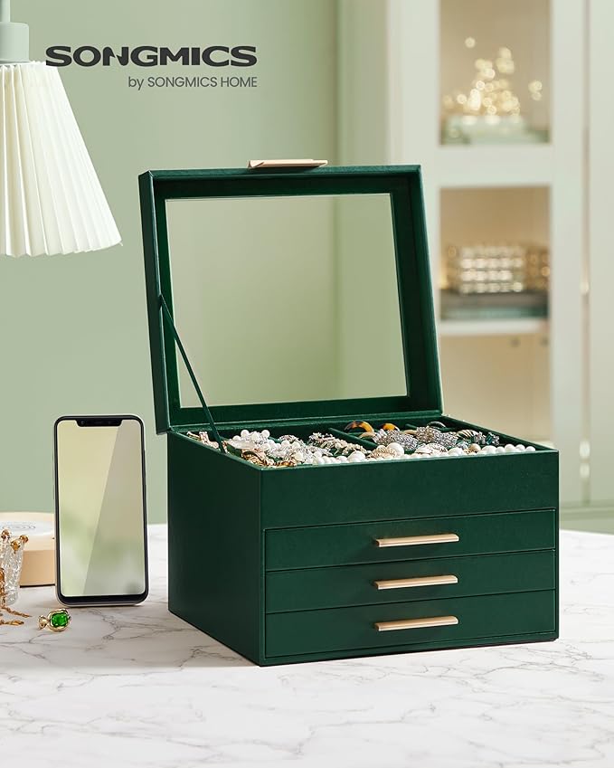 SONGMICS Jewelry Box Organizer with Glass Lid, 4-Layer Jewelry Storage, with 3 Drawers, Modern Style, 8 x 9.1 x 6.5 Inches, Forest Green and Gold Color UJBC173C01
