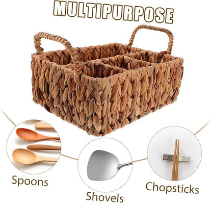 Hyacinth Woven Storage Basket for Home Organization Practical Divided Utensil Holder with Compartments Stylish Desktop Sundries Organizer for Kitchen and Dining Use