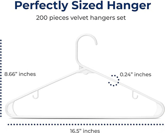SereneLife White Plastic Hangers 200 Pcs, Durable Hanger Set with Slip Design, Tubular Hangers with 2 Integrated Strap Hooks, Mega Pack for Clothes