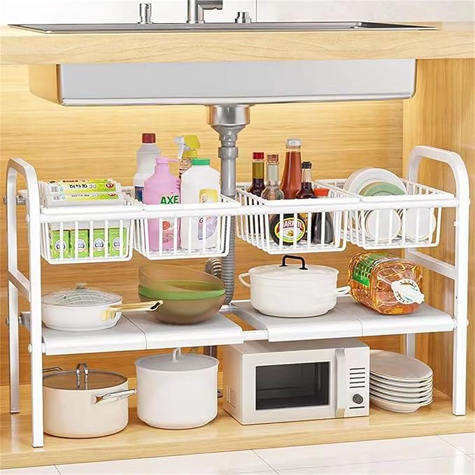 Under Sink Organizers, 2 Tier Stretchable Cabinet Shelf Organizer with 4 Removable Panels and 4 Under Shelf Basket for Under Bathroom Storage,Under Cabinet Shelves,kitchen Sink Storage Rack (white)
