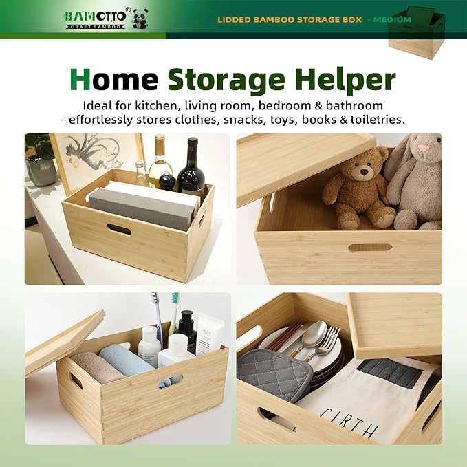 14.6”x10.2”x6.5” Lidded Storage Bins - Stackable Bamboo Box/Cube/Basket with Handles for Home Kitchen Office, Organize Tableware Clothing Toys Books