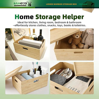 14.6”x10.2”x6.5” Lidded Storage Bins - Stackable Bamboo Box/Cube/Basket with Handles for Home Kitchen Office, Organize Tableware Clothing Toys Books