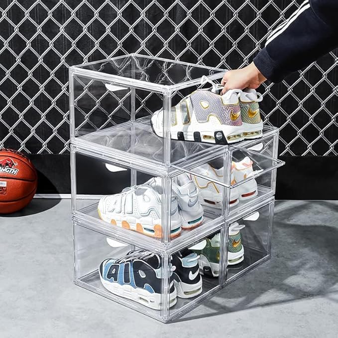 Acrylic Clear Stackable Shoe Storage Boxes – Stackable Shoe Cabinet For Closet, Space Saving Shoe Organizer With Magnetic Doors 2 Lids Open For Sneakers, Trainers, Pumps, Heels, Flats (8)