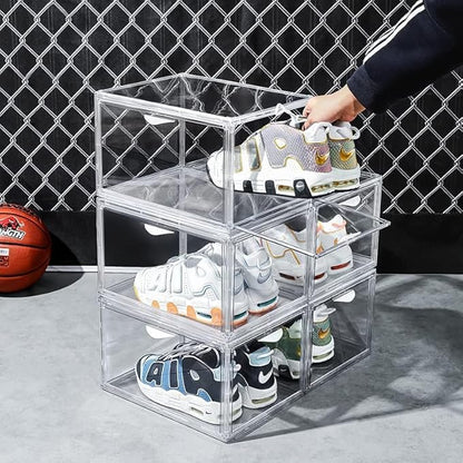 Acrylic Clear Stackable Shoe Storage Boxes – Stackable Shoe Cabinet For Closet, Space Saving Shoe Organizer With Magnetic Doors 2 Lids Open For Sneakers, Trainers, Pumps, Heels, Flats (8)
