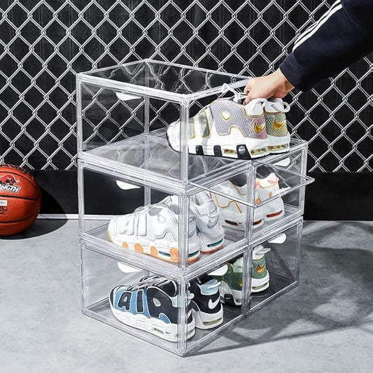 Acrylic Clear Stackable Shoe Storage Boxes – Stackable Shoe Cabinet For Closet, Space Saving Shoe Organizer With Magnetic Doors 2 Lids Open For Sneakers, Trainers, Pumps, Heels, Flats (8)