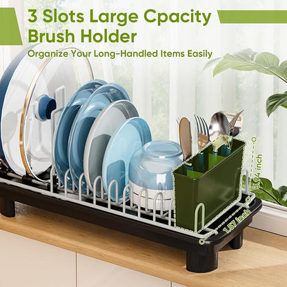 VUSIGN Small Dish Drying Rack with Drain, Compact Dish Rack, Slim Dish Drainers for Kitchen Counter, Extendable Spout Strainers with Removable Utensil Holder, Space Saving, Black