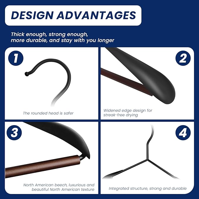 Jiang&Rong 12 Pack Wide Shoulder Metal Hangers - Heavy-Duty Retro Wooden Pants Bar Suit Hangers for Closet, Dresses, Pants, Sweaters, Jackets