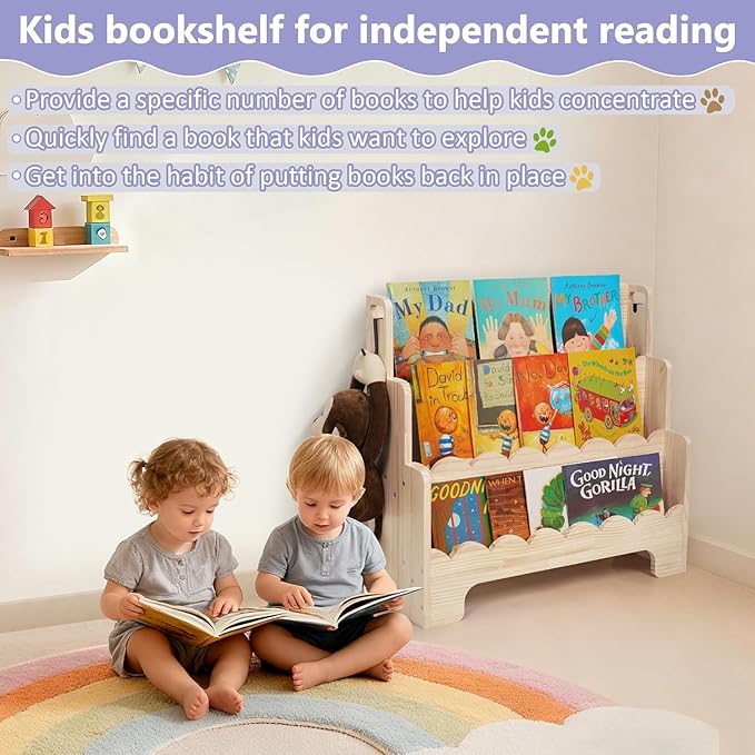 Kids Bookshelf Wooden 3-Tier, Scalloped Book Shelf for Kids Rooms, Front Facing Toddler Montessori Bookshelf, Baby Nursery Book Shelves Kid Classroom Book Shelf Bookcase